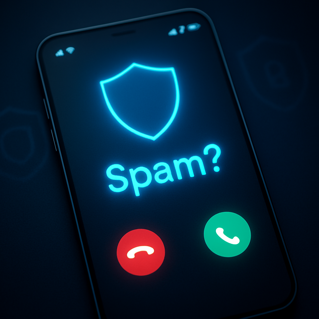 Close-up of a smartphone showing a spam caller ID warning
