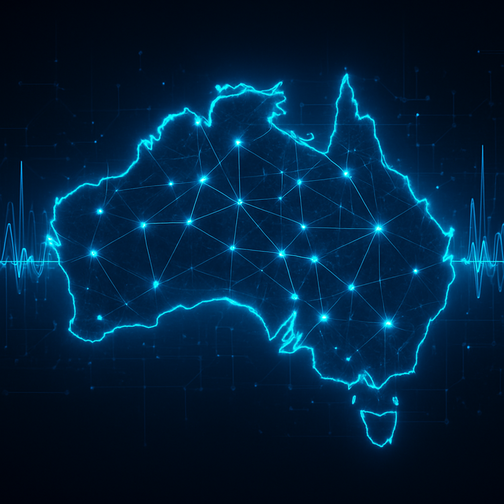 Abstract Australian map with digital network nodes